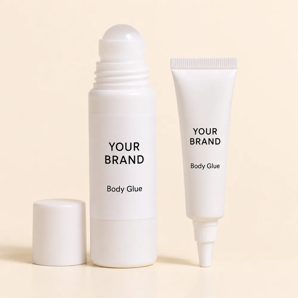 Private label body glue roll-on bottle and squeeze tube with a long nozzle