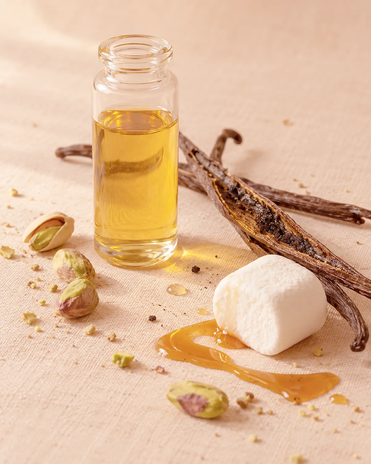 Gourmand cravings fragrance mood: Vanilla, Pistachio, Marshmallow, Caramel